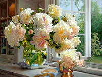 Без бренда «Ваза с букетом белых пионов у окна» в Петрозаводске в интернет-магазине  Без бренда «Ваза с букетом белых пионов у окна» в Петрозаводске