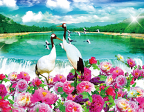 Журавли среди цветов на фоне озера