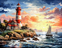 Маяк на скалистом берегу на фоне заката