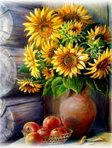 Кувшин с подсолнухами и корзинка с яблоками