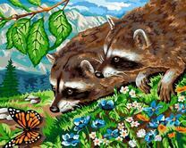 Еноты и бабочка на цветочной поляне